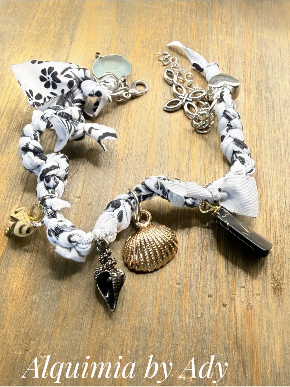 Fall essentials Black & White Braided Charm Bracelet with Mixed Metal Shells
